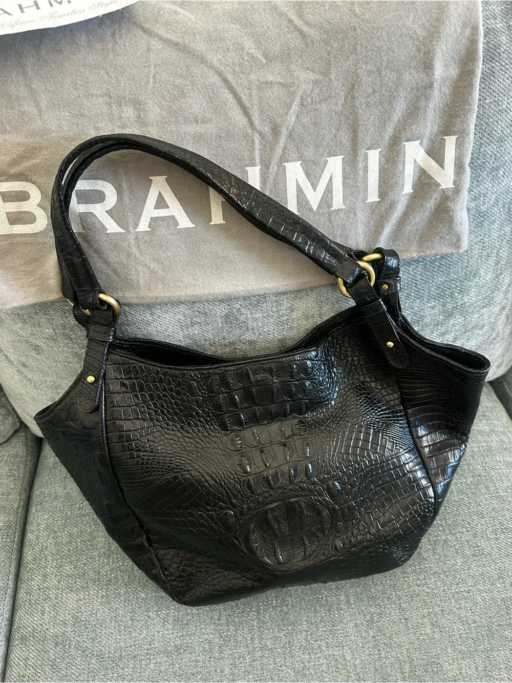 Brahmin Black Croc-Embossed Shoulder Bag with Gold Accents